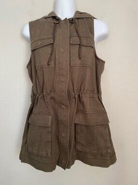 Matty M Utility Vest Snaps 4 Cargo Pockets Military Green Hoodie Sleeveless Sz S